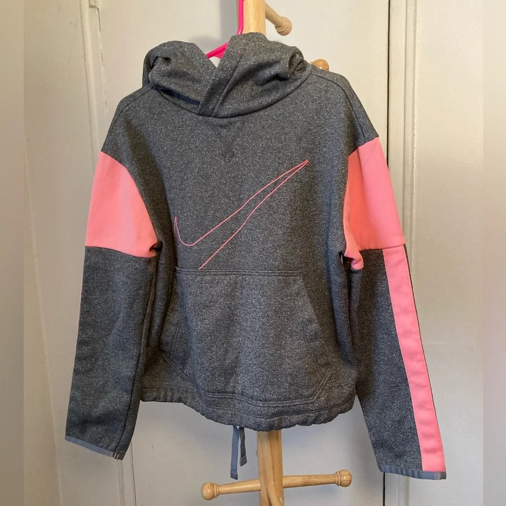 Nike Dri Fit Kids Heathered Gray and Pink Nike Swoosh Light Fleece Lined Hoodie